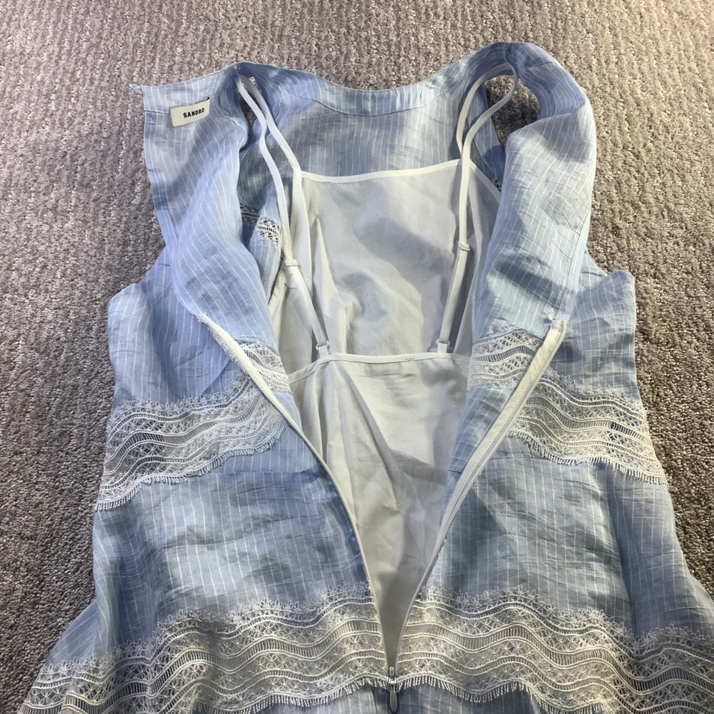 Sandro Nathalie Blue White Pinstripe Linen Lace Midi Dress Size 40 NWT - Picture 11 of 16